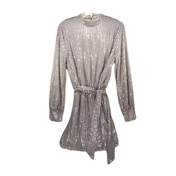 Miss Ord Silver Sequin Mini Dress M Mock Neck Belted NYE 70s 80s Glam - Picture 1 of 12